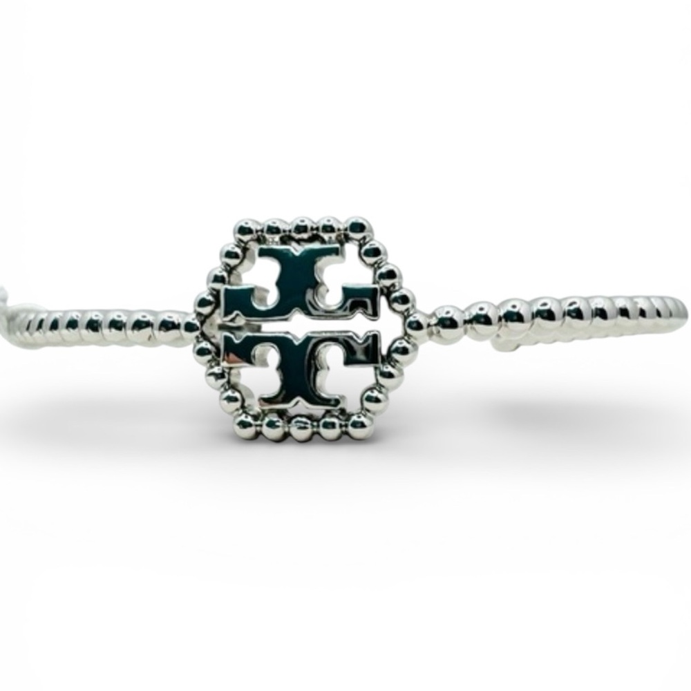 Tory Burch Hexagon Silver Beaded Ball Adjustable Open Cuff Bracelet
